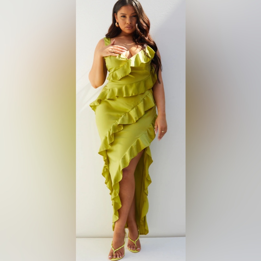 NEW✨Pretty Little Thing Plus Olive Satin Frill Layered Midaxi Dress